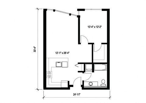 Floor plan for 1 bed, 1 bath, 702 sqft